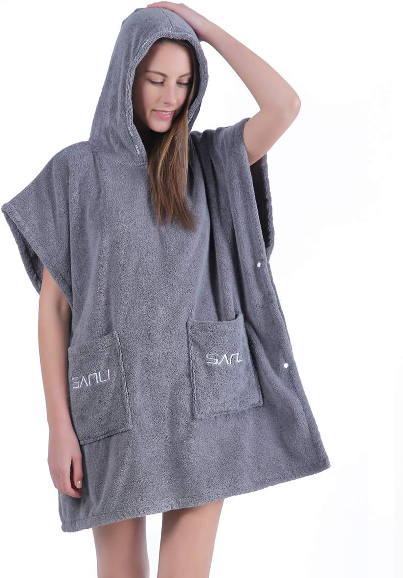SANLI Women's Terry Cotton Short Bathrobe with Hood, Above Knee Length, Gray one Size
