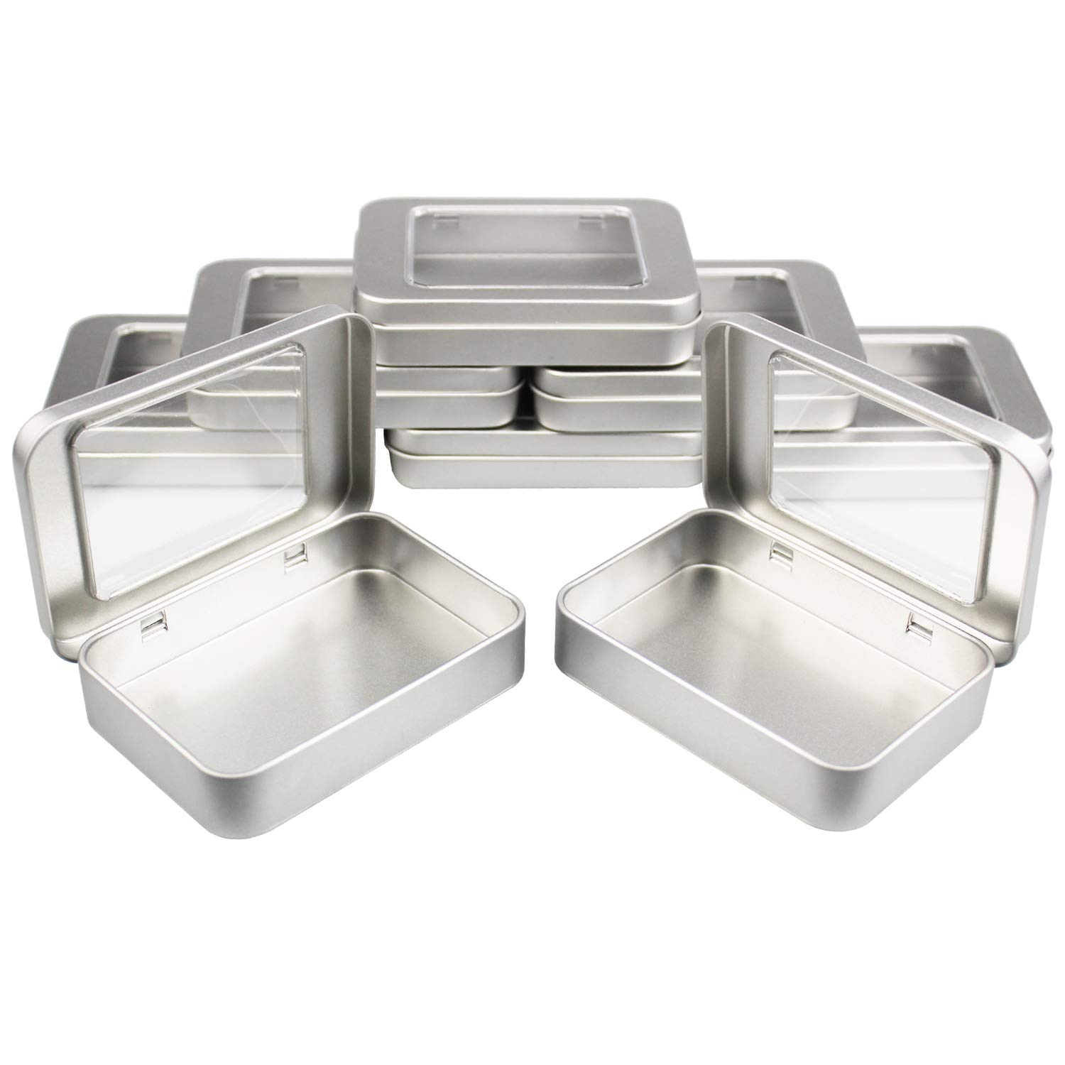 Goodma 8 Pieces Rectangular Metal Empty Hinged Tins Home Storage Containers Organizer Mini Box with Clear Window Lid, 10 x 7 x 2 cm (Silver)