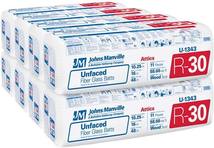 Johns Manville R-30 Unfaced 16 by 48 Fiberglass Batt Insulation Fits 2x10 Floor or Attic a Total of 8 Bags and Square Footage of 469.28 FT