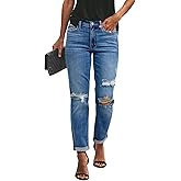 KUNMI Women's Ripped Mid Waisted Boyfriend Jeans Loose Fit Distressed Stretchy Denim Pants