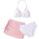 RoseSeek Girl's 3 Piece Cute Bowknot Bathing Suit Halter Triangle High Waisted Swimsuit with Beach Cover Up Skirt
