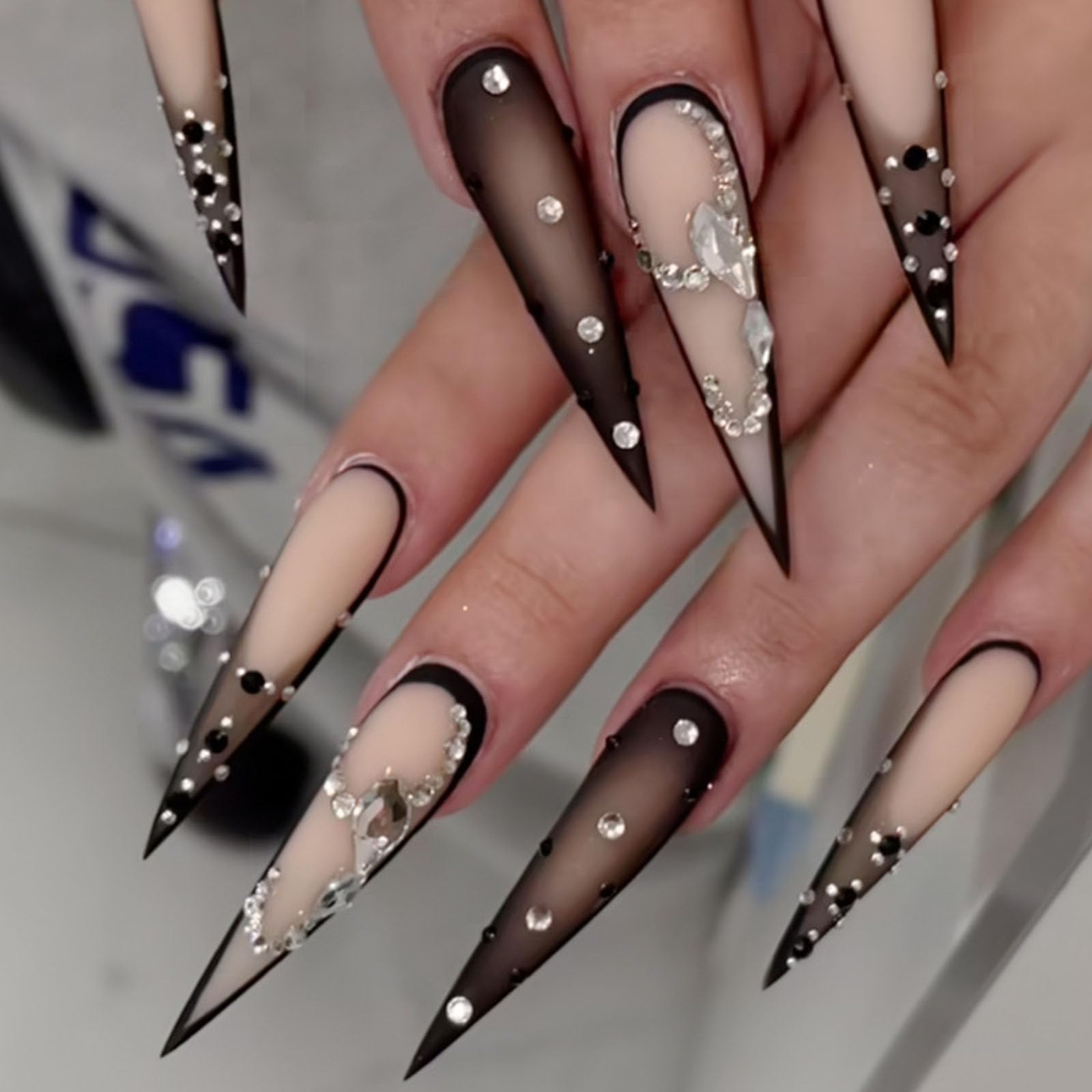Photo 1 of IMRAIN Black Ombre Press on Nails Long Stiletto Fake Nails Matte Rhinestone Extra Long False Nails Full Cover Glossy Glue on Acrylic Nails for Women 24Pcs