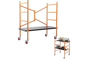 biosp Rolling Steel Scaffolding Platform, 800lbs Load Capacity Multi-Purpose 4.5 ft Work Height Scaffold Tower with Locking Wheels & 2 Decks, Portable & Adjustable Scaffolding Ladder, Orange