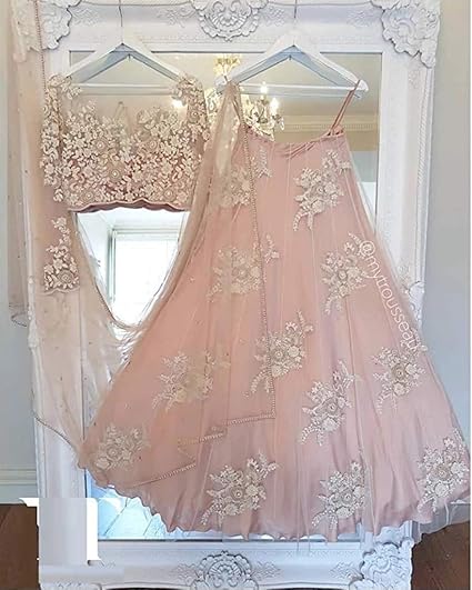 Womens Net Peach Semi-Stitched Lehenga Choli With Can Can