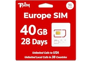 TSIM Europe SIM Card 40GB Data + Unlimited Local Calls in 38 Countries for 28 Days | Use in The UK, Italy, Switzerland, Turke