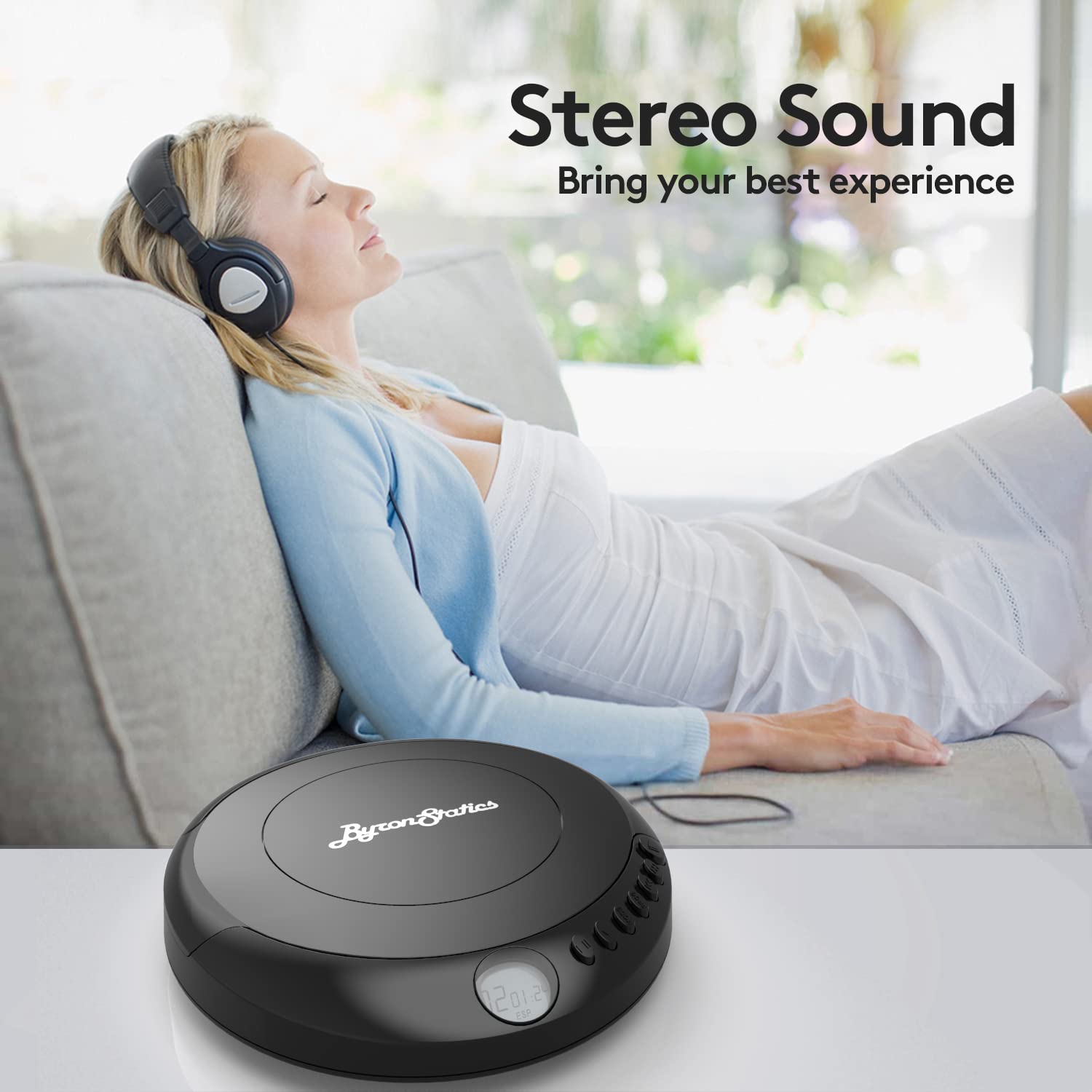 ByronStatics Portable Disc CD player, Personal Walkman Music CD Players Anti-Skip Shockproof Protection, Portable and Lightweight, Headphones Jack, Powered DC or 2XAA Battery - Black