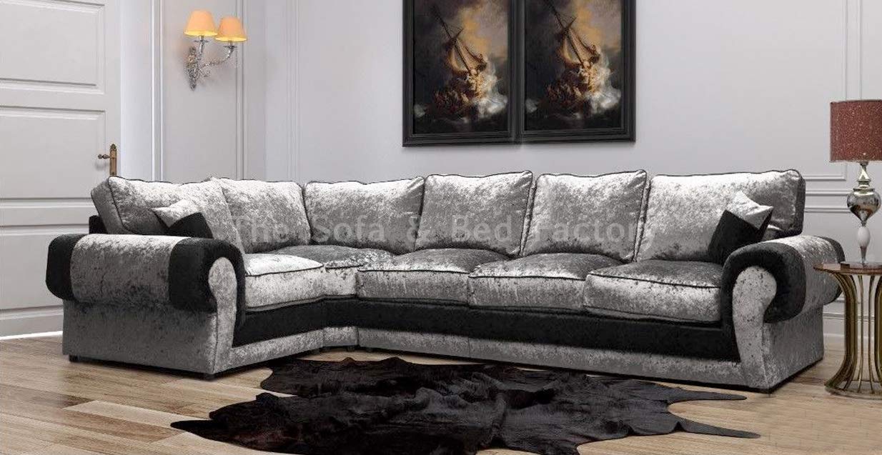 Lara Large 5 Seater Black and Silver Crushed Velvet Cheap Corner Sofa