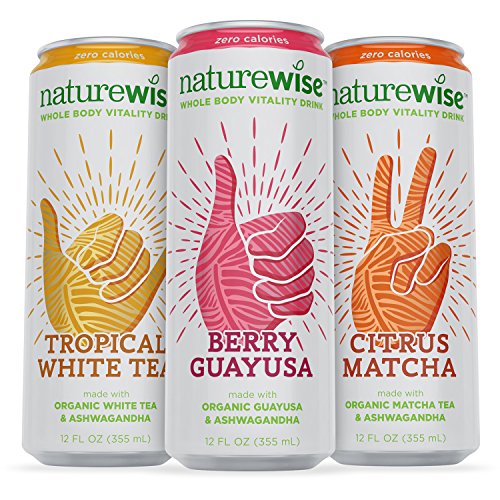 NatureWise Whole Body Vitality Drinks Reduce Stress, Enhance Focus, and Suppress Cravings. Sparkling Organic Tea and Ashwagandha, 0 Sugar, 0 Calories, 3 Count