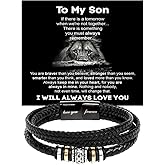 To My Son Bracelet, Braided Leather Bracelet with Stainless Steel Beads, Inspirational Message Card, Gift from Mom and Dad, Birthday Graduation Christmas Gift for Son, Keepsake Jewelry for Men