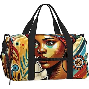 Vortithora African-Woman Sports Duffel Bag With Shoe Compartment | Water-Resistant Fabric, Luggage Sleeve, Adjustable Strap,