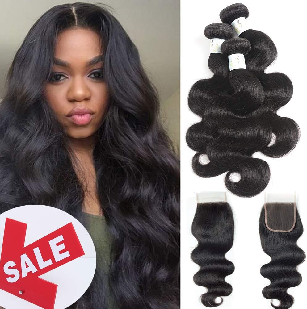 Baby Young Hair (18 20 22 + 16Closure) Virgin Brazilian Body Wave with Closure Human Hair Bundles with Lace Closure Body Bob Hair Closure 4x4 Lace Free Part Natural Black Color (18 20 22 + 16Closure)