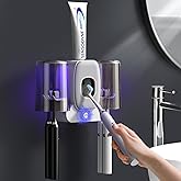 Toothbrush Holders for Bathrooms, Wekity Automatic Toothpaste Dispenser Space Saving Toothbrush and Toothpaste Holder，Toothbrush Holder Wall Mounted with 2 Cups for Bathroom (Grey)…