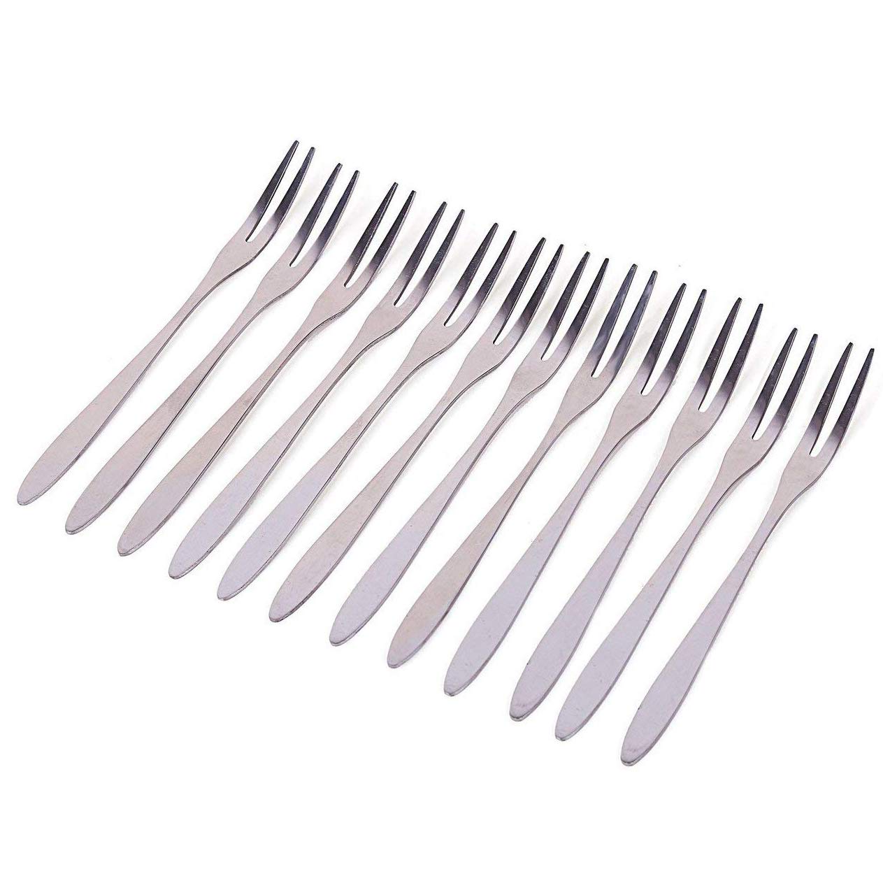 HornTide 12-Piece Cake Forks Set 2 Tines Appetizer Fork for Dessert Fruit Salad Stainless Steel Mirror Polishing 5.3-Inch 13.5cm