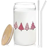 BEHIFL Pink Christmas Tree Decor Coffee Cup Glass With Lid And Straws 14oz,Xmas Tree Drinking Glasses Coffee Cups Water Bottles Gift For Women Kids Men