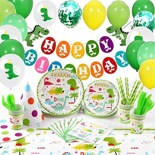 Dinosaur Party Supplies, Plates Cups Napkins Tablecloth Hats Balloons Happy Birthday Banner Decorations 127 PCs Serve 12, Dinosaur Birthday Party Supplies Set