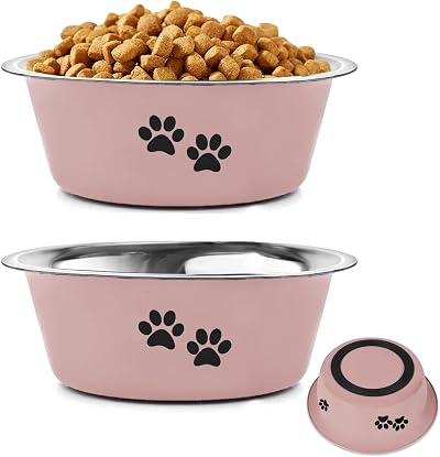 YUDANSI 860ml Pink Dog Bowls 2 Pack Stainless Steel Food Water Non-Slip Base