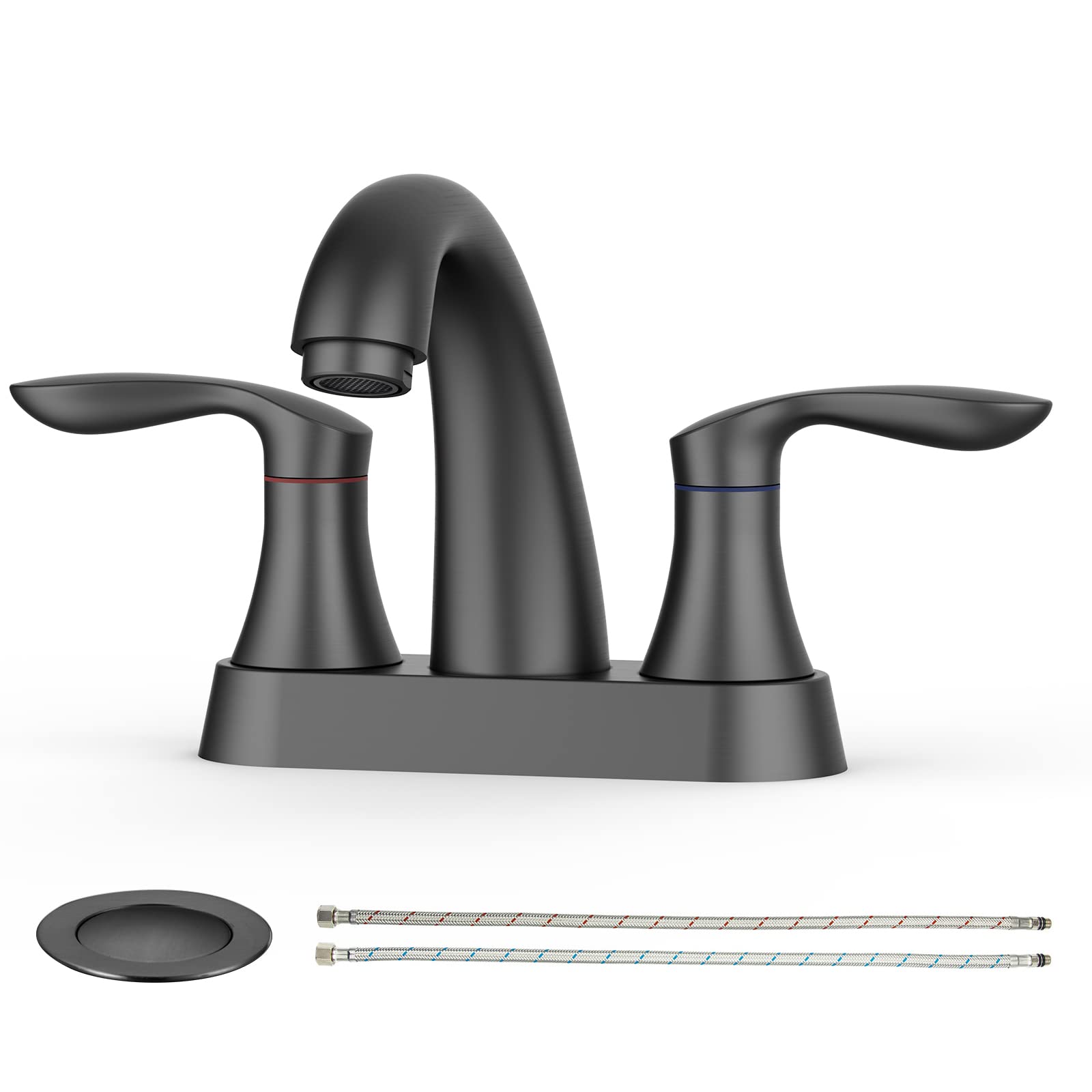 Photo 1 of Bathroom Faucet, 4 Inch Bathroom Faucets for Sink 3 Hole, Centerset Bathroom Sink Faucet with Pop Up Drain and cUPC Lead-Free Hose(Matte Black)