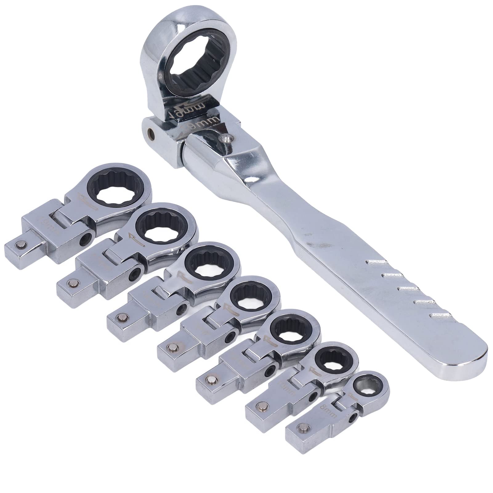 Flexible Ratchet Wrench Set, 1x Handle + 7x 180° Flex Drive Adaptor 8mm 10mm 12mm 13mm 14mm 17mm 19mm Replaceable Ratchet Head Alloy Steel Socket Wrench, for Tubing Repair Car Mechanical Maintenance