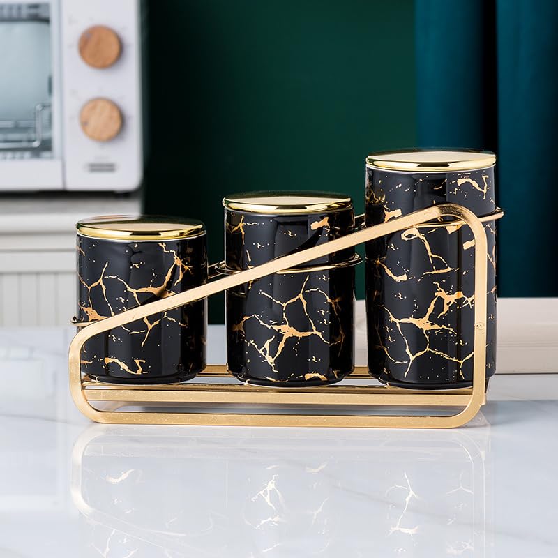 Ceramic Gold-Patterned Metal Canister Set for Kitchen Countertop - A Set of 3 Kitchen Canisters with Tiered Shelf, Airtight Countertop Flour and Sugar Containers, Coffee and Tea Storage (Black)