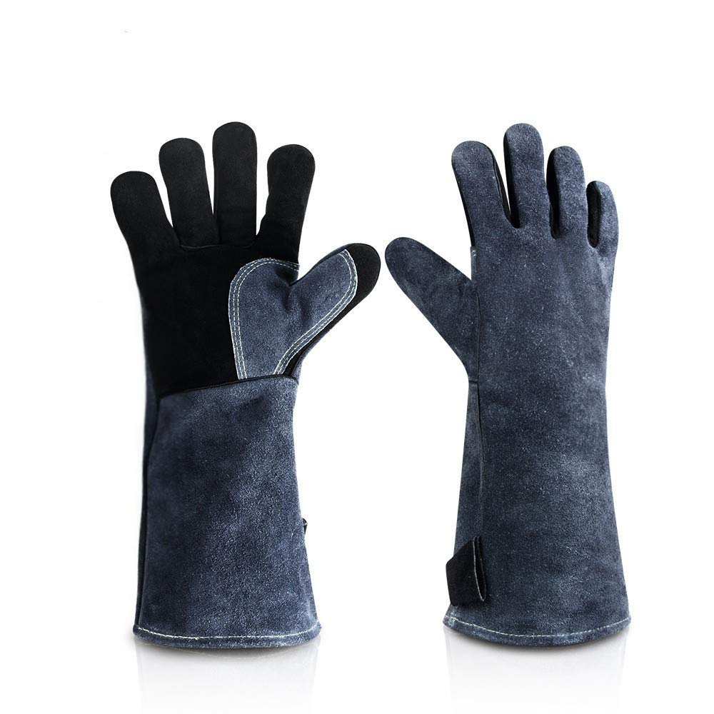 JZK Heavy duty large leather heat resistant heat proof fire gloves gauntlets for wood burner log burner BBQ welding, gardening gloves for men