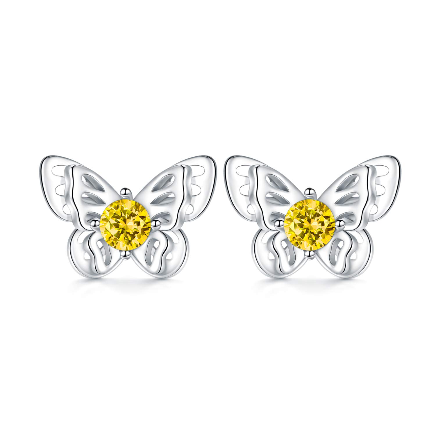 925 Sterling Silver Butterfly Stud Earrings with November Birthstone Crystals, Butterfly Jewellery Birthday Gifts for Women Girls Kids Daughter (Simulated Topaz)