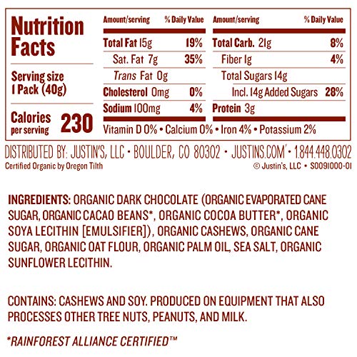 Justin's Organic Dark Chocolate Cashew Butter Cups, Rainforest Alliance