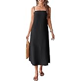 FIOPHY 100% Linen Dress Square Neck Sleeveless Spaghetti Strap Summer Casual Midi Summer Dresses with Slit
