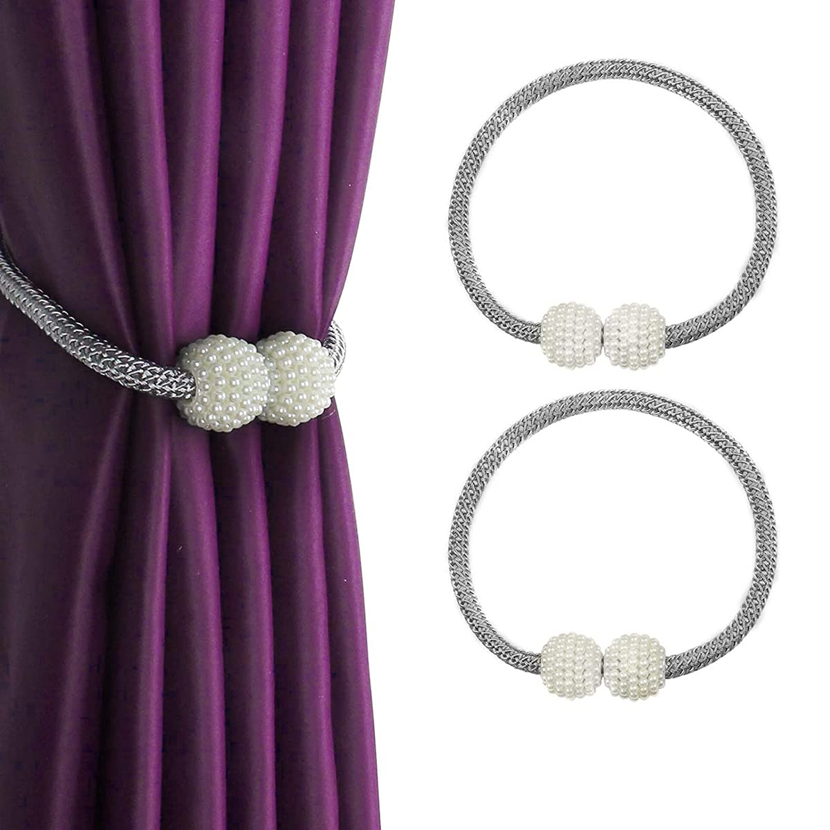 Tiardey 2 Pcs Magnetic Curtain Tiebacks - Curtain Pearl Tie Backs Holders Clips for Home Office Decorative Rope Holdbacks Classic Tiebacks Design(Gray)