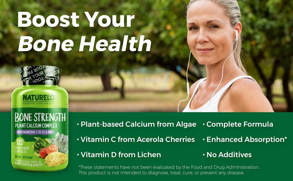NATURELO Bone Strength - Plant-Based Calcium, Magnesium, Potassium, Vitamin D3, VIT C, K2 - GMO, Soy, Gluten Free Ingredients - Best Whole Food Supplement for Bone Health - 120 Vegetarian Capsules: Health & Personal Care