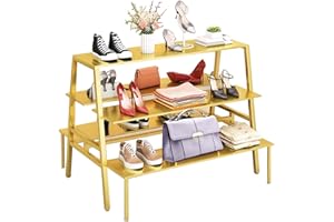 ZICHOUYING Metal Retail Shoe Handbag Display Stand, Modern Standing Display Riser, Double Side Nesting Tables, 3 Tier Display Rack for Home Clothing Shop