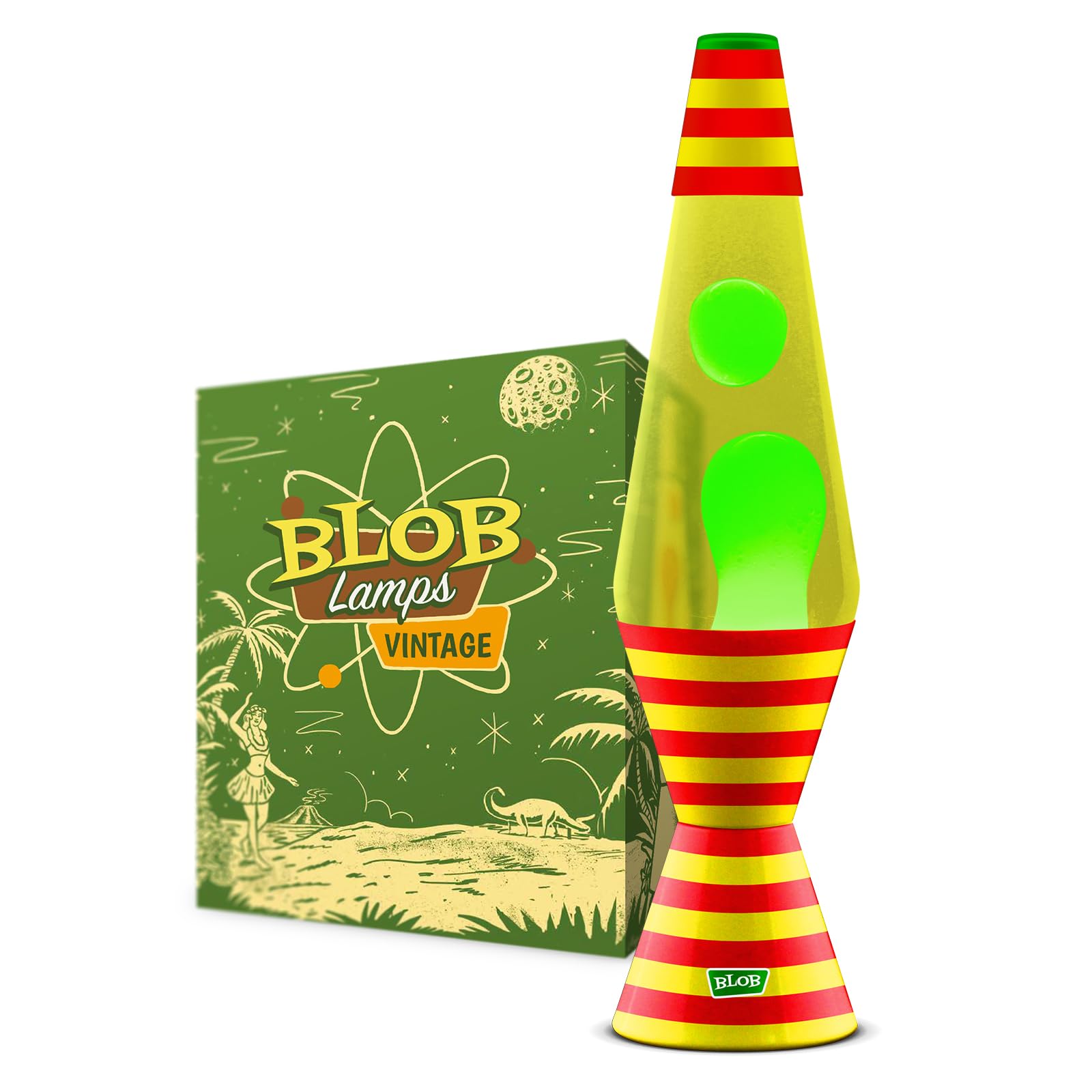 Blob Lamps® Carnival Stripe Liquid Motion Lamp Vintage Red & Yellow Striped Metal Base & Cap Green Wax Clear Liquid 14.5” Mood Light Lamp