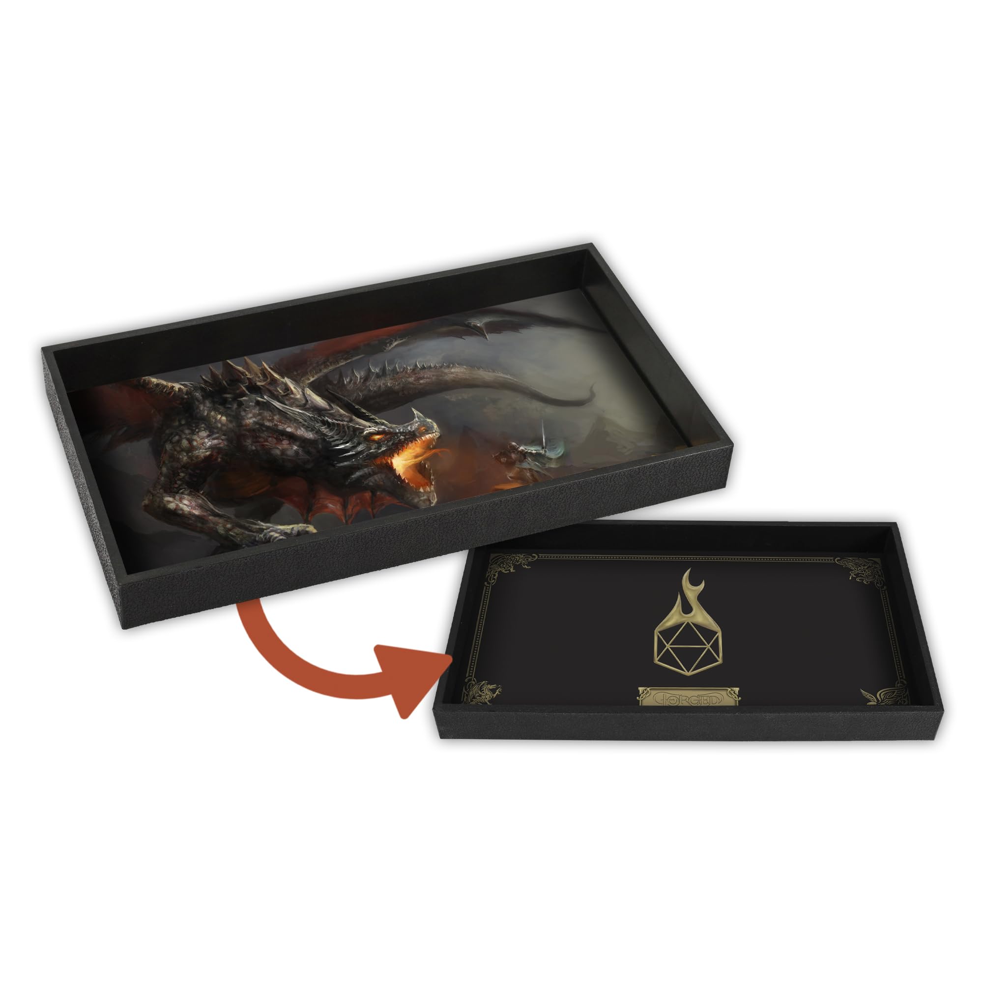 Forged Dice Co. Dice Tray 14" - Double Sided and Removable Neoprene Rolling Dice Mat - for Any Dice or Board Game, Tabletop RPGs Like D&D Pathfinder Roleplaying Game Black Tray W/Dragon Battle