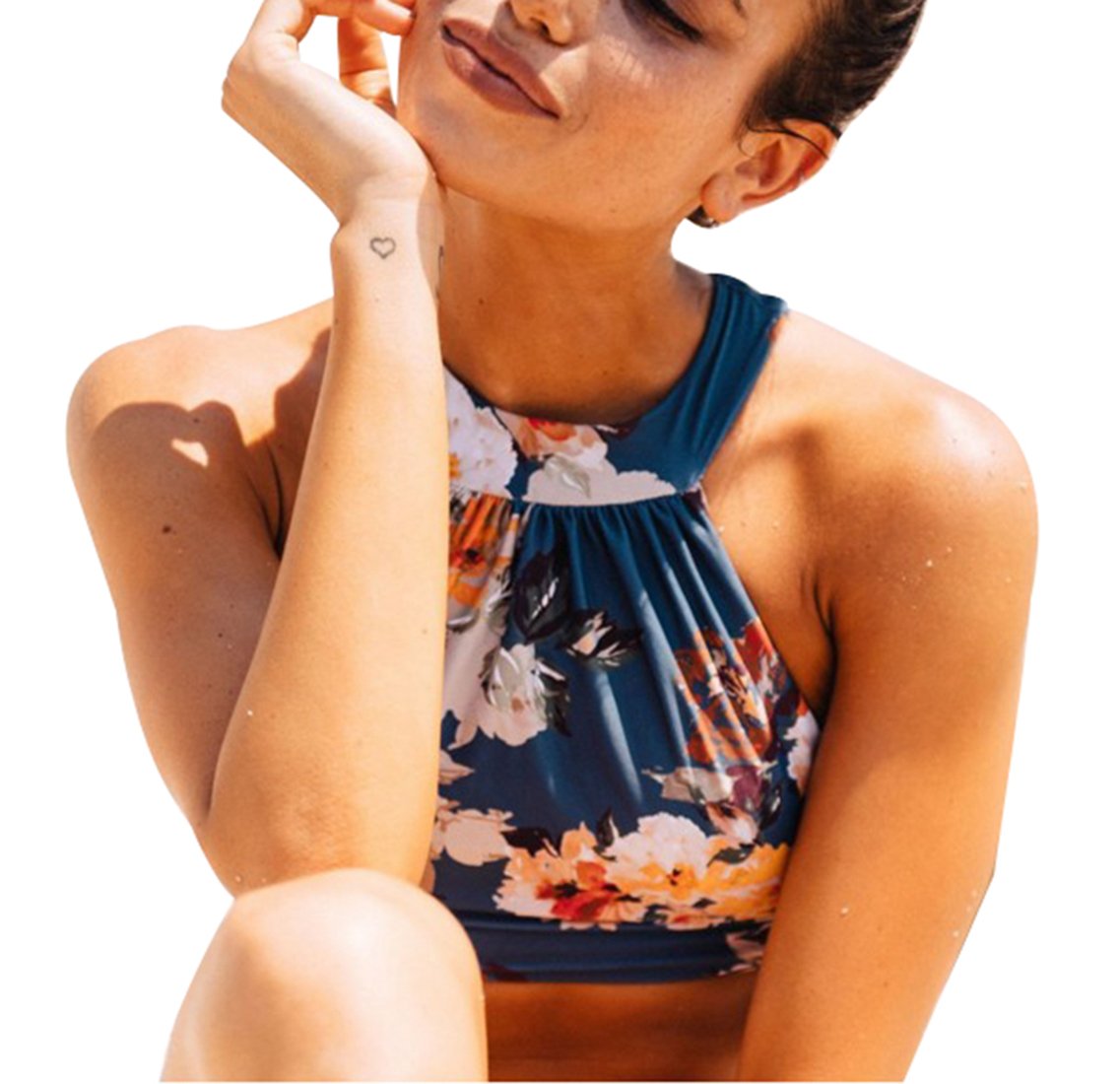 DFXIU Bagno Blu Donna Bikini Vintage Sexy Pad Fiori Costumi Costume Donna Mare Due Pezzi (EU28-36)