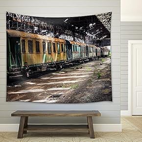 Old Trains at Abandoned Train Depot - Fabric Wall Tapestry Home Decor - 51x60 inches
