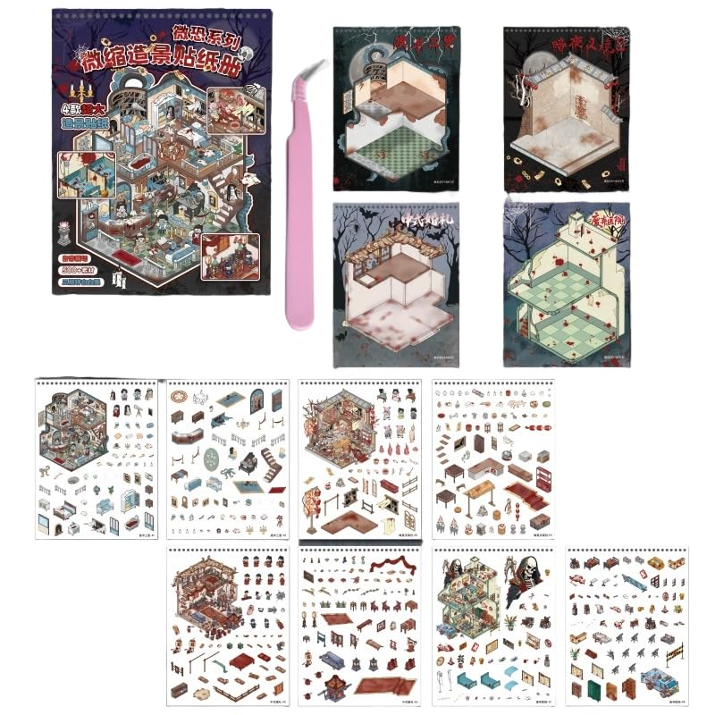 4 Sets Horror Theme DIY 3D Sticker Scene Isometric Miniature Room Stickers Book for Kids Adults Cute Make Your Own House Stickers for Gifts Paint by Sticker
