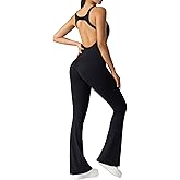 Yvette Women's Backless Jumpsuits Built in Bra Gym Workout Yoga Rompers Flare Leggings Bodycon Bodysuits