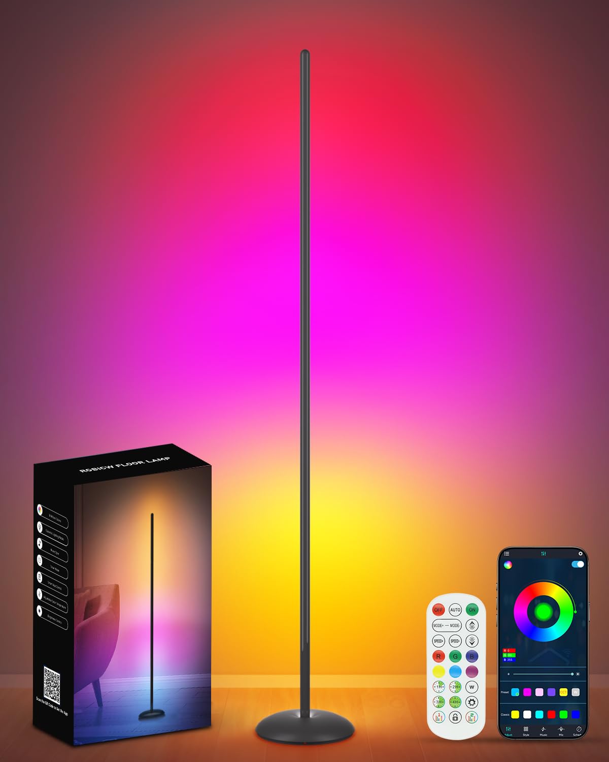 Photo 1 of Vexinat Corner Floor Lamp, Smart RGB LED Corner Lamp with App & Remote, Modern Floor Lamp with 16 Million Colors, Music Sync, Scene Modes, Color Changing Standing Lamps for Living Room, Bedroom