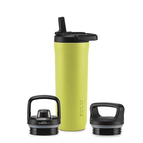 ZULU Base 18oz Kids Stainless Steel Water Bottle with 3 Lids- Straw, Chug, Twist | Double Walled and Vacuum Insulated Metal Thermos | Fits Car Cupholder, Built in Carry Loop, Dishwasher Safe, Guac