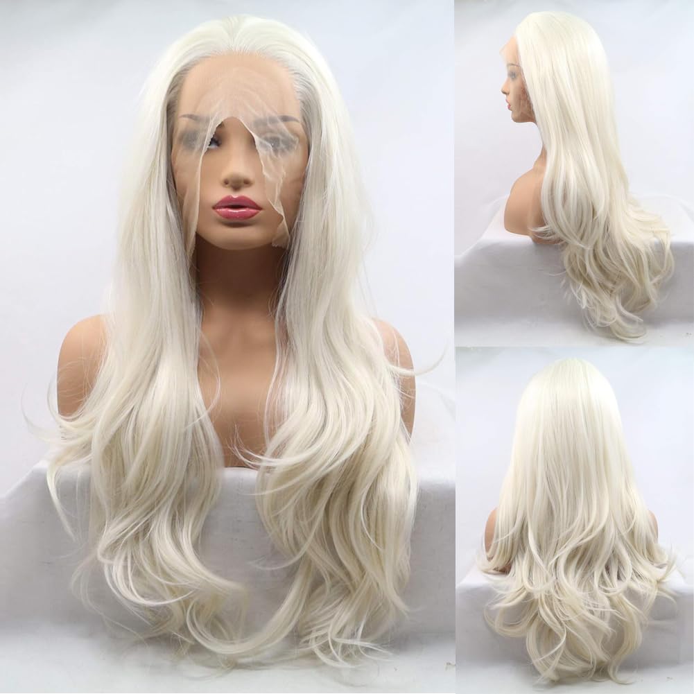 AFBeauty Platinum Blonde Wigs Synthetic Lace Front Wig Long Body Wavy 60# Blonde Glueless Wig for Women Heat Resistance Fiber Cosplay Daily Wear Wigs 24 Inch