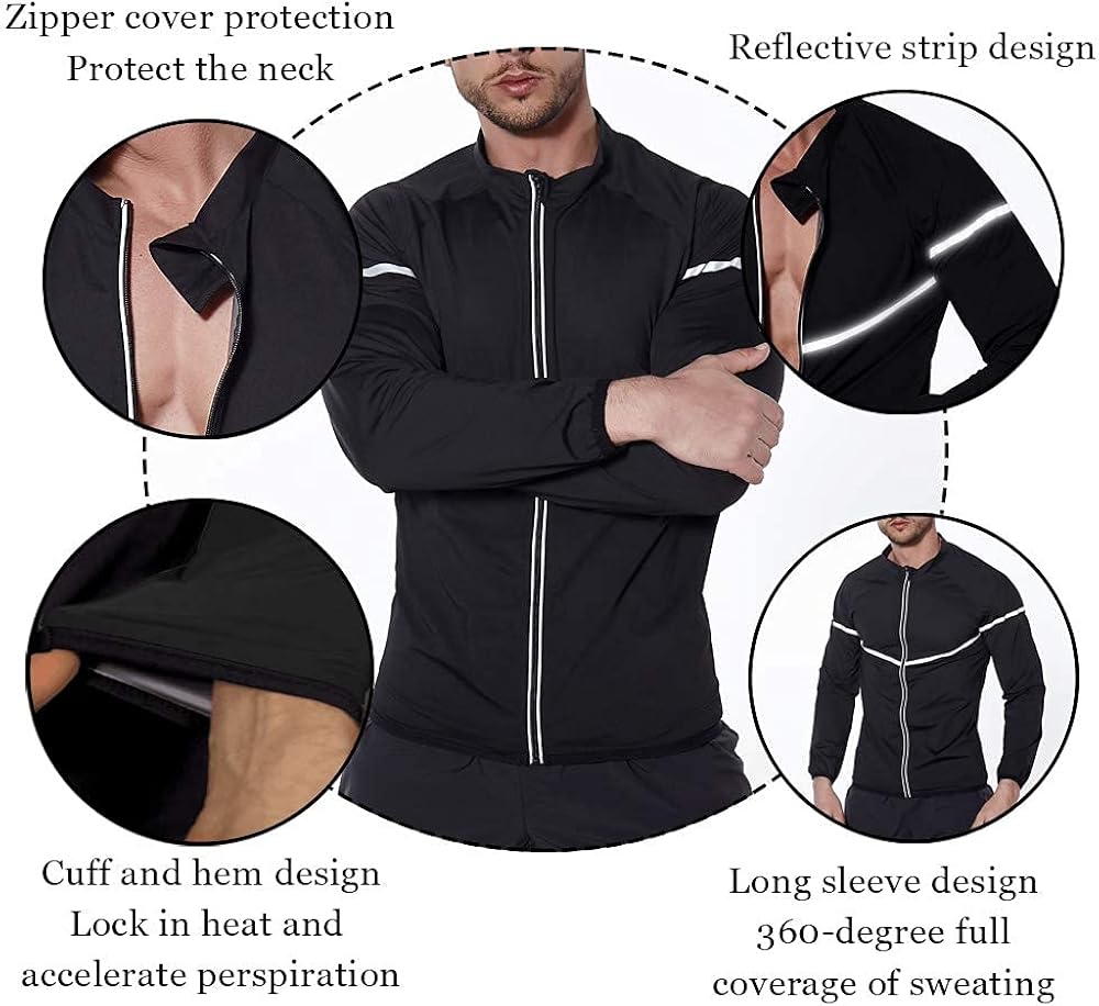 NINGMI Sauna Suit for Men Sweat - Long Sleeve Shirt Jacket Mens Workout Body Shaper Zipper Exercise Tank Top Slimming Fitness Trainer Gym : Clothing