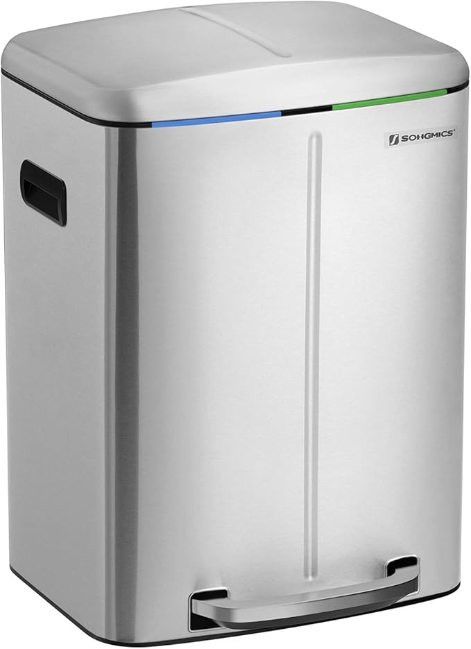 SONGMICS Dual Rubbish Bin, 2 x 20L Trash Can, Metal Step Bin, with Dual