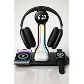 Transform Your Desk – 3-in-1 Wireless Charging Station with Headphone Stand, Dual USB Ports, 15W Fast Charger for Phone/A-irPods/A-pple Watch, RGB Light, LED Alarm Clock – Charge 5 Devices at Once