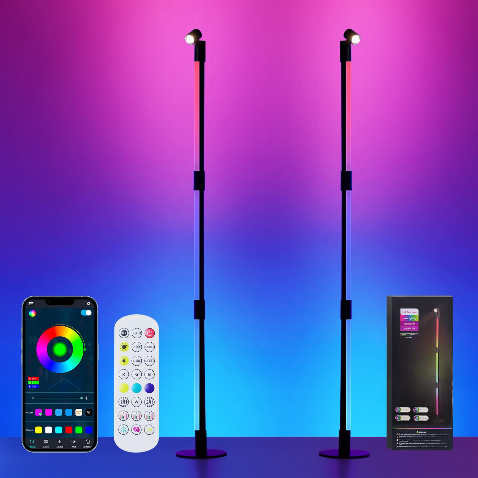 Photo 1 of SANBEN Corner Floor Lamp - 2 Pack Black RGB LED Floor Lamp with Music Sync and 16 Million DIY Colors, App & Remote Control, Color Changing Modern Smart Corner Lamp for Bedroom Living Room