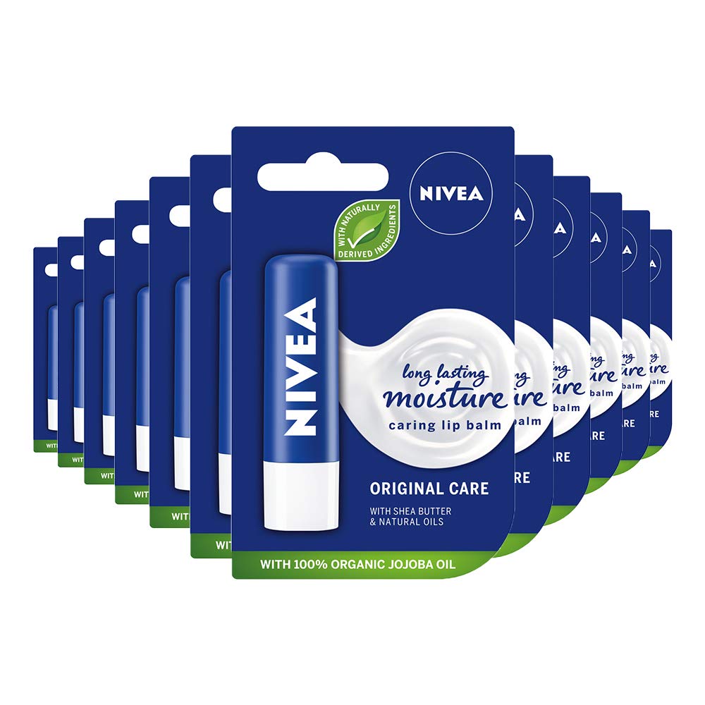 NIVEA Lip Balm Original Care Pack of 12 (12 x 4.8g) Protective Lip Moisturiser with Shea Butter and Natural Oils, Caring Lip Balm for 24h Moisture Care, Lip Care with Melt-In Formula