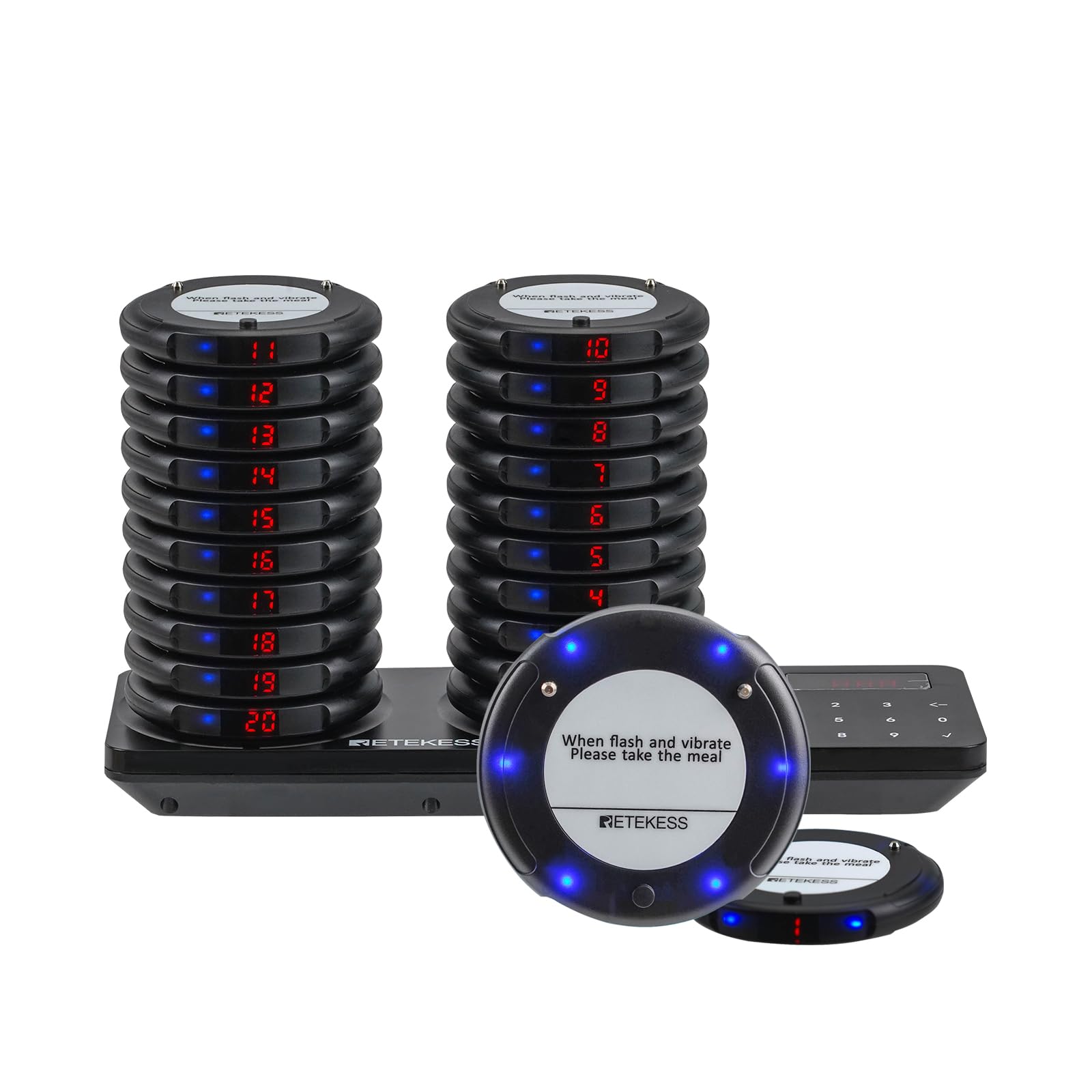 Retekess TD163 Coaster Restaurant Pager, 500M Restaurant Buzzer System, Blue LED Indicator Light, 31 Call Modes, 300 mAh Battery 20H, Pagers and Beepers for Bars, Hotels, Cafe (20 Round Pagers)