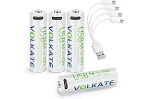 4000mWh Lithium Batteries AA Rechargeable, 4 Pack 1.5V USB Double A Size Li-ion Battery with 4-in-1 USB-C Charging Cable, 2H 