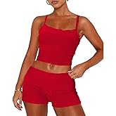 RUEWEY Womens Lace Trim Pajama Sets Sleeveless Crop Top and Fold Over Shorts 2 Piece Lounge Set PJ Set Tracksuit Outfits