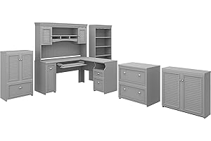 Bush Furniture Fairview L Shaped Desk with Hutch, 5 Shelf Bookcase, Lateral File and Storage Cabinets | Home Office Furniture Sets, 60W, Cape Cod Gray