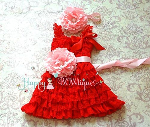 Baby Girl Red and Pink Flower Dress Set/Girl's Red Flower Lace Dress set ~ Baby Girl Holiday Dress Set
