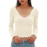 CHYRII Womens Fashion Fall Long Sleeve Tops Ruffled Low Cut Basic Layering Tee Shirts Crop Tops